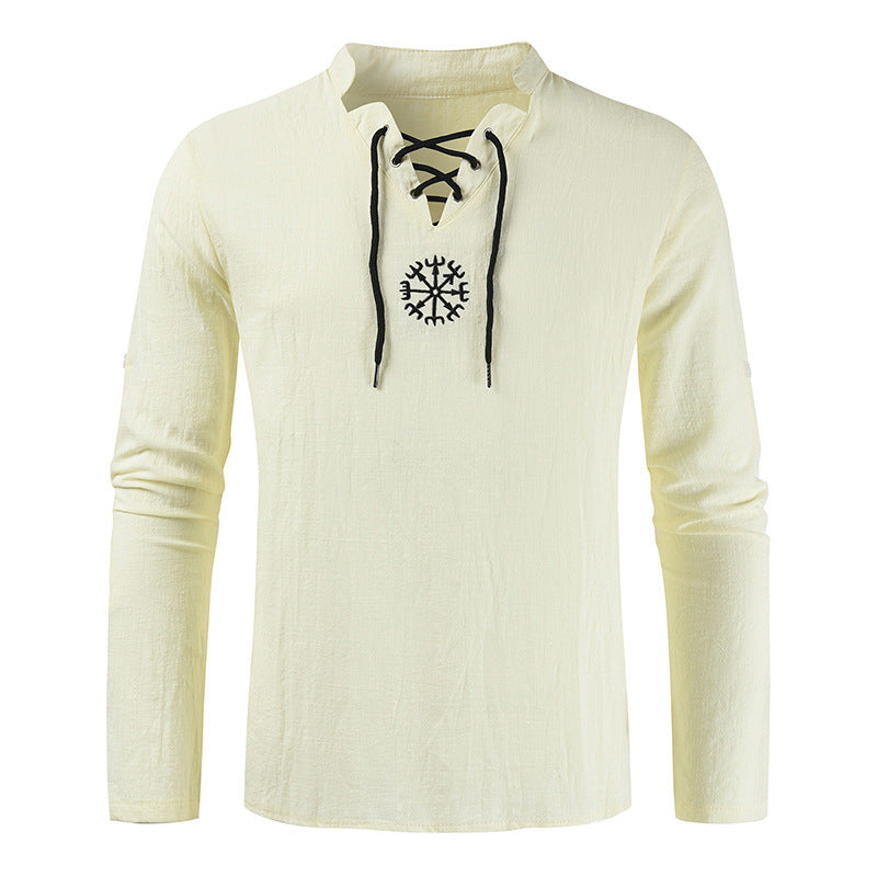 Men's casual cotton and linen V-neck tie long-sleeved shirt