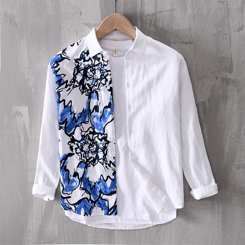 Men's casual cotton and linen printed long-sleeved shirt