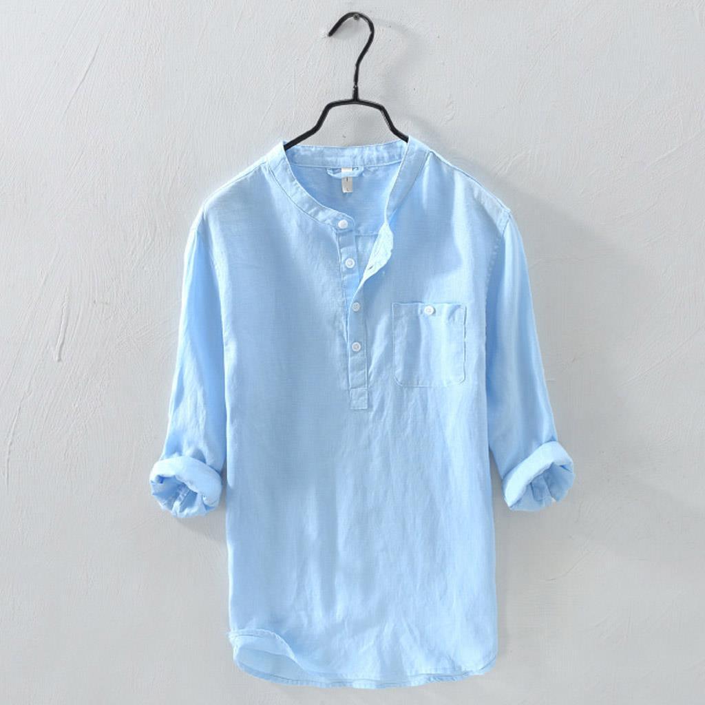 Men's casual cotton and linen round neck button down shirt