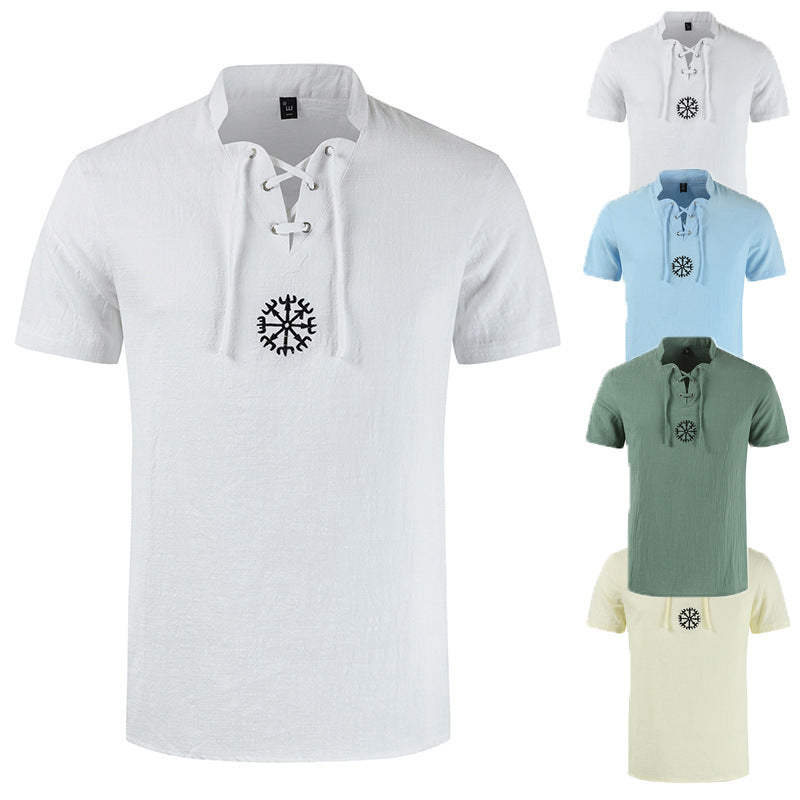 Men's casual cotton and linen V-neck tie short-sleeved shirt