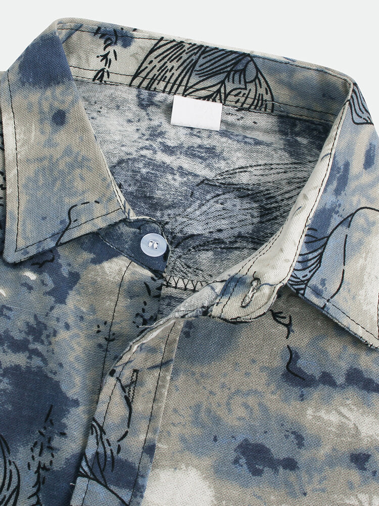 Mens Chinese Style Abstract Printing Short Sleeve Loose Casual Shirts