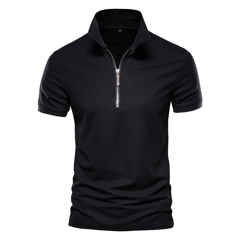 Men's Summer Solid Color Slim Fit Business Casual Zipper Collar Polo Shirts
