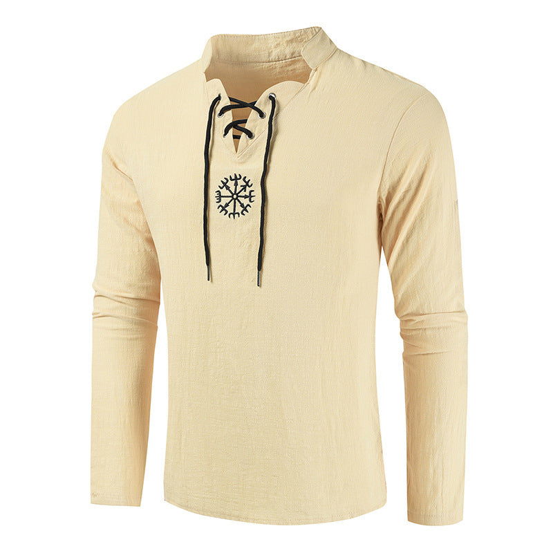 Men's casual cotton and linen V-neck tie long-sleeved shirt