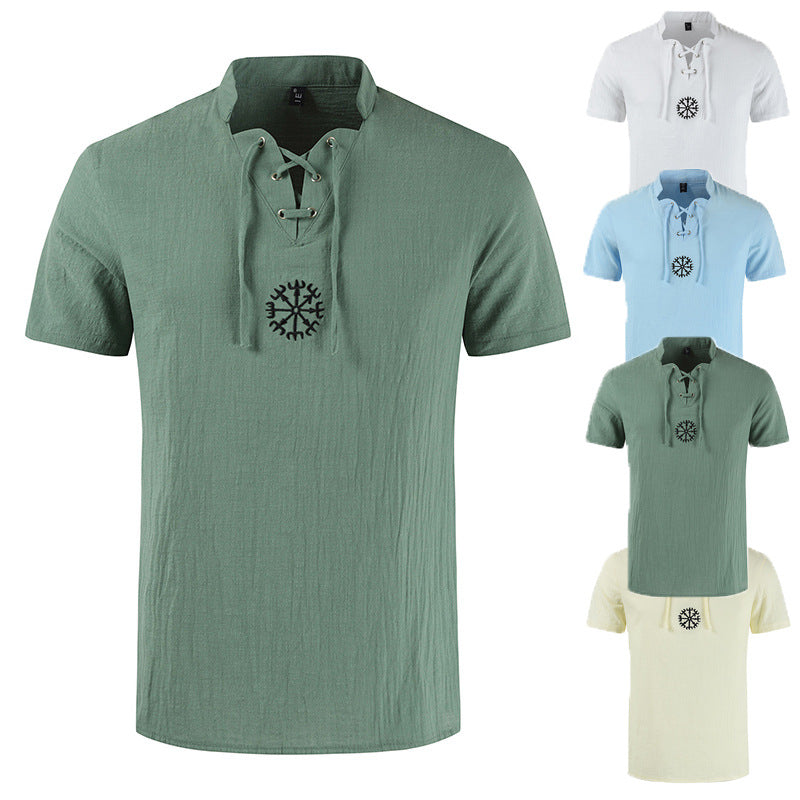 Men's casual cotton and linen V-neck tie short-sleeved shirt