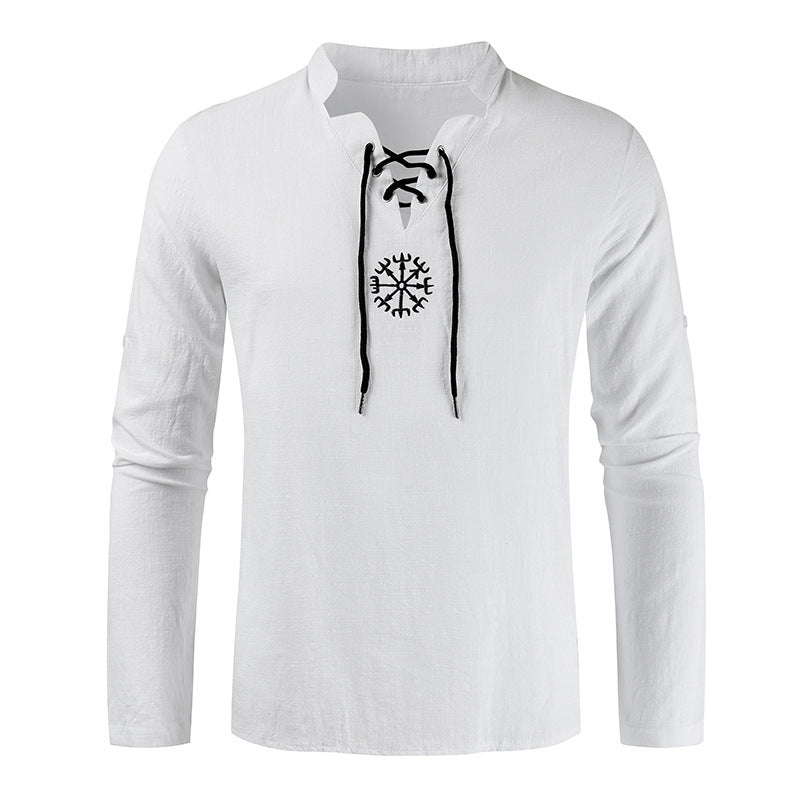 Men's casual cotton and linen V-neck tie long-sleeved shirt