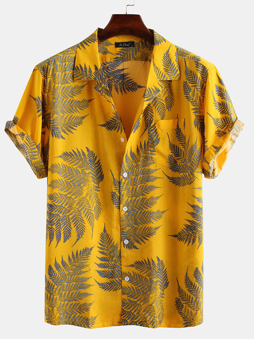 Mens 100% Cotton Leaf Printed Chest Pocket Turn Down Collar Short Sleeve Shirts