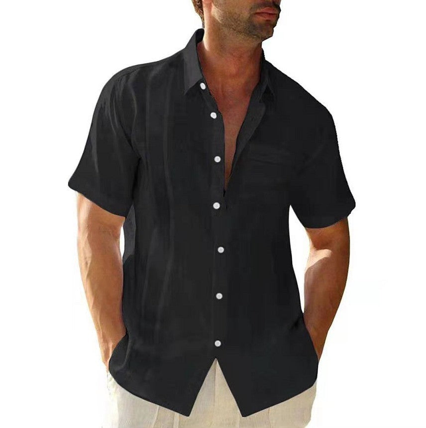 Men's short-sleeved button collar pocket solid color linen shirt