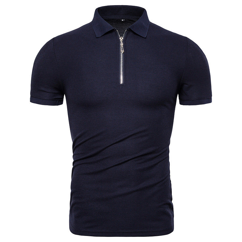 Men's Summer Solid Color Slim Fit Business Casual Zipper Collar Polo Shirts