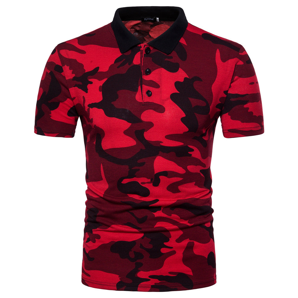 Men's Large Size Camouflage Print Slim Fit Business Casual Lapel Collar Polo Shirts Golf Shirt