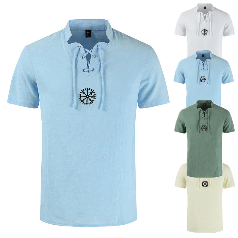 Men's casual cotton and linen V-neck tie short-sleeved shirt