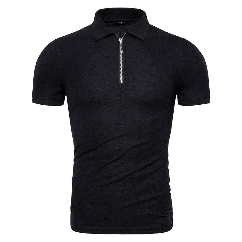 Men's Summer Solid Color Slim Fit Business Casual Zipper Collar Polo Shirts