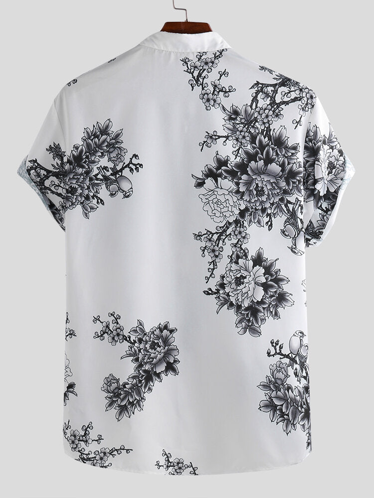 Mens Chinese Style Porcelain Floral Printed Short Sleeve Turn Down Collar Casual Shirt