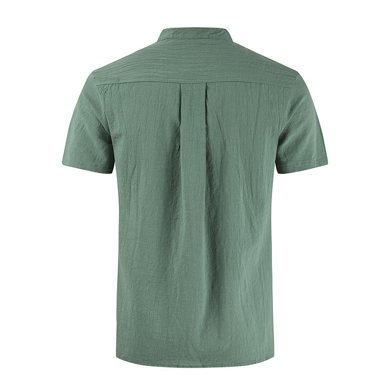 Men's casual cotton and linen V-neck tie short-sleeved shirt