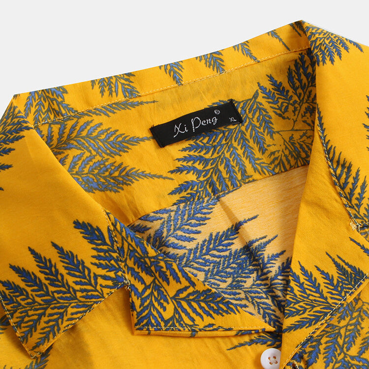 Mens 100% Cotton Leaf Printed Chest Pocket Turn Down Collar Short Sleeve Shirts