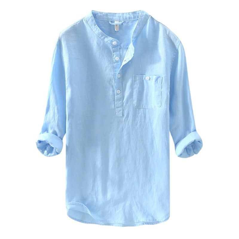 Men's casual cotton and linen round neck button down shirt