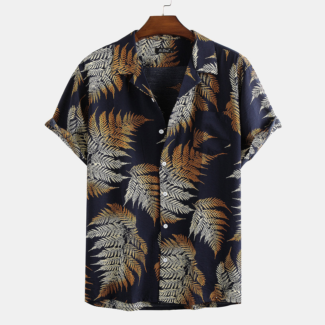 Mens 100% Cotton Leaf Printed Chest Pocket Turn Down Collar Short Sleeve Shirts
