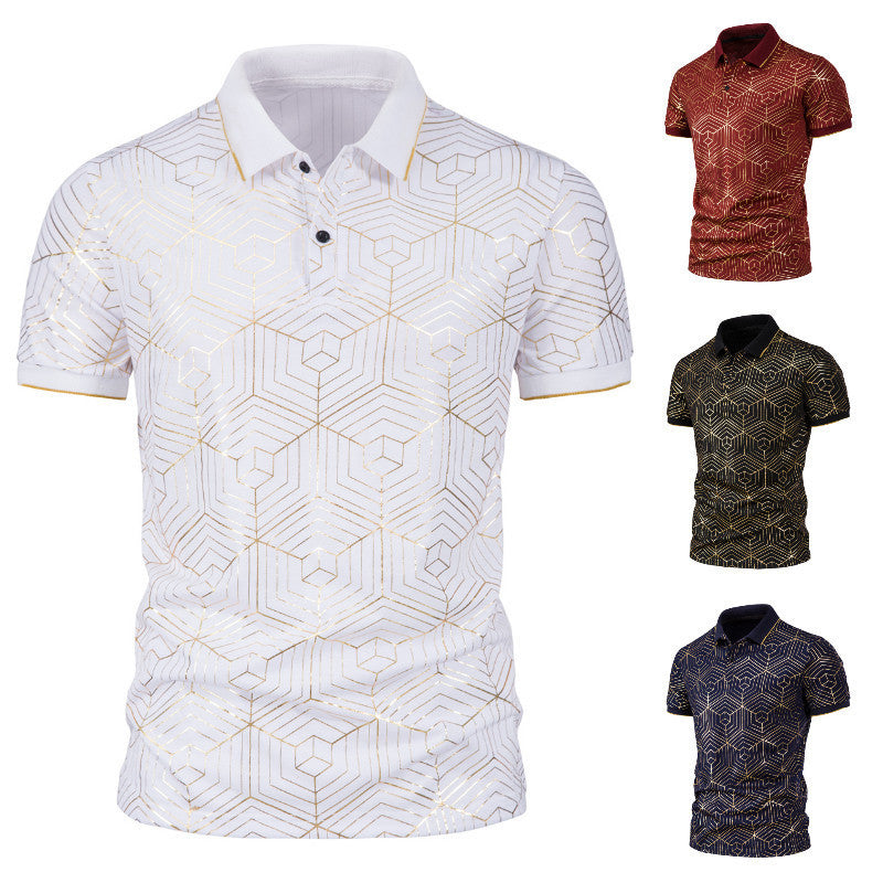 Men's Large Size Spider Web Hot Stamping Slim Fit Business Casual Lapel Collar Polo Shirts Golf Shirt