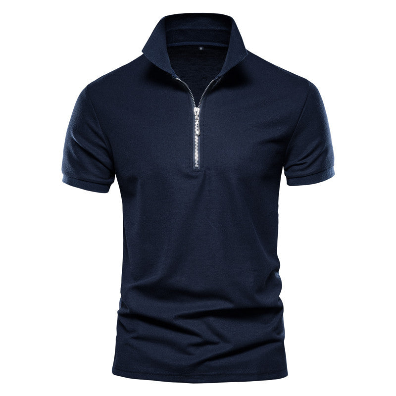 Men's Summer Solid Color Slim Fit Business Casual Zipper Collar Polo Shirts