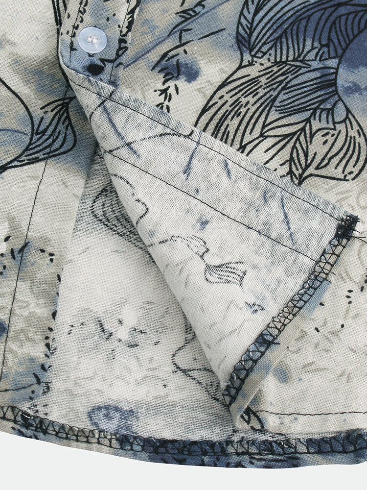 Mens Chinese Style Abstract Printing Short Sleeve Loose Casual Shirts