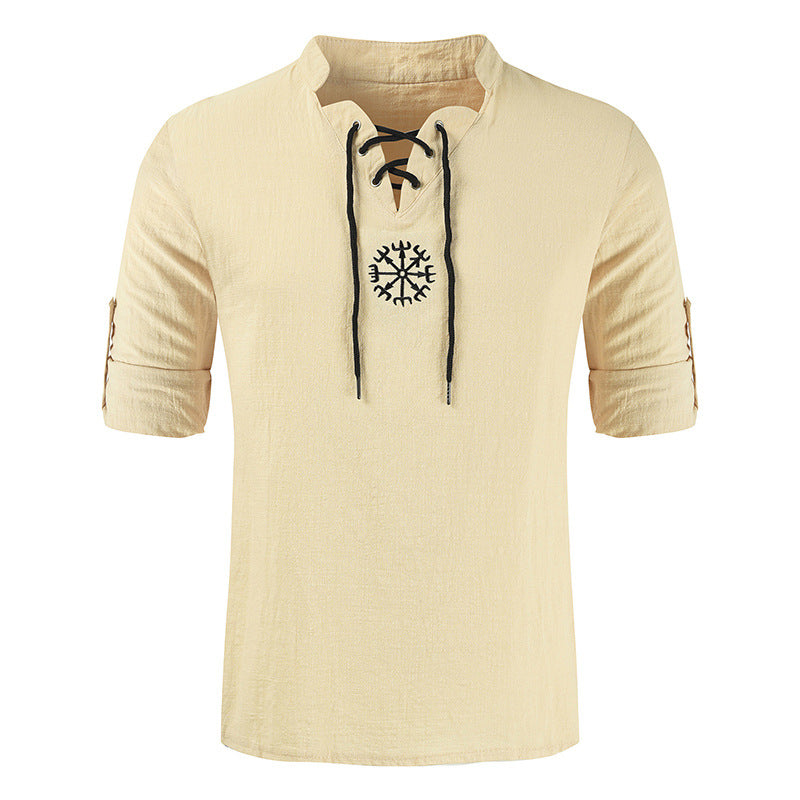 Men's casual cotton and linen V-neck tie long-sleeved shirt