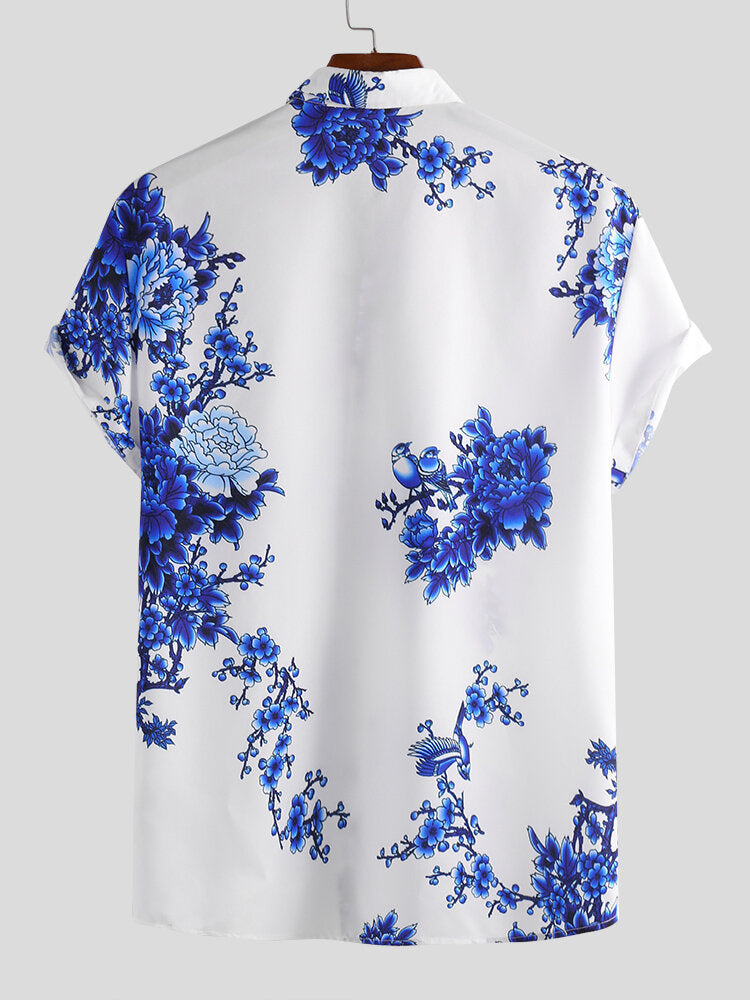 Mens Chinese Style Porcelain Floral Printed Short Sleeve Turn Down Collar Casual Shirt