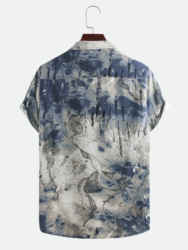Mens Chinese Style Abstract Printing Short Sleeve Loose Casual Shirts
