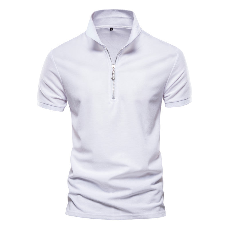 Men's Summer Solid Color Slim Fit Business Casual Zipper Collar Polo Shirts