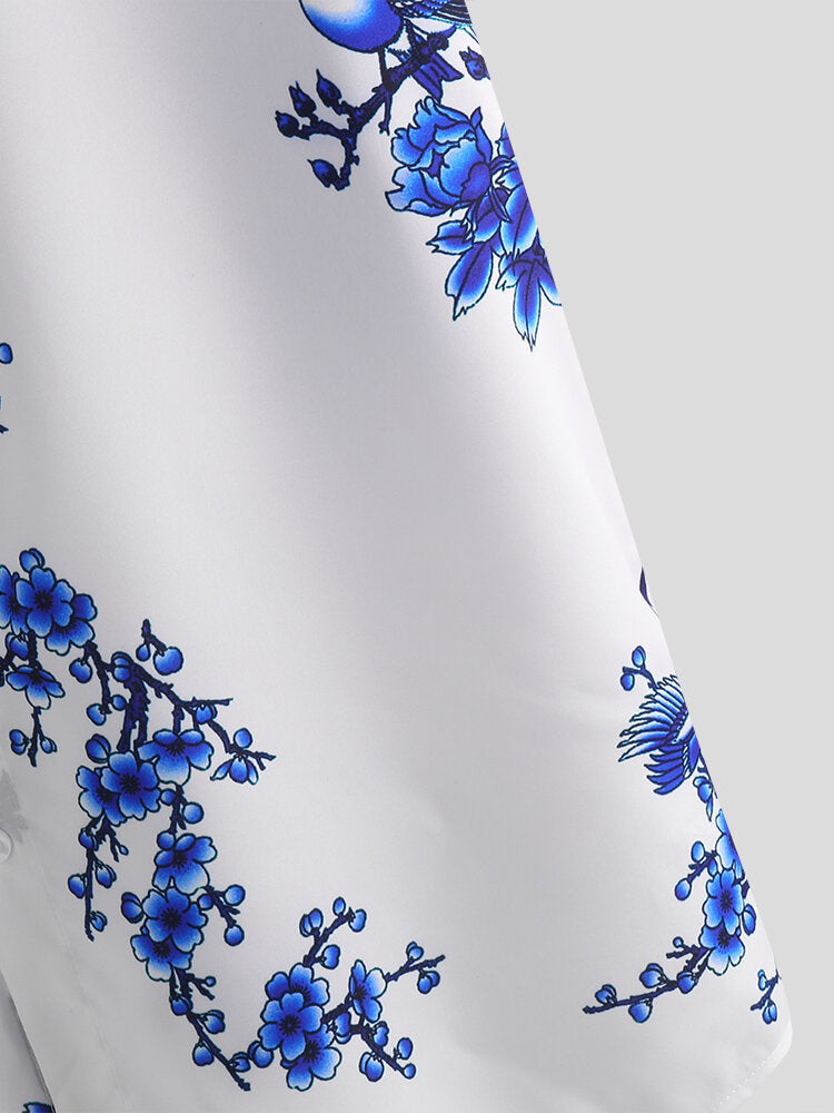 Mens Chinese Style Porcelain Floral Printed Short Sleeve Turn Down Collar Casual Shirt