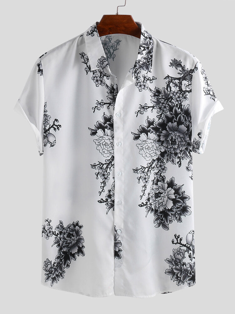 Mens Chinese Style Porcelain Floral Printed Short Sleeve Turn Down Collar Casual Shirt