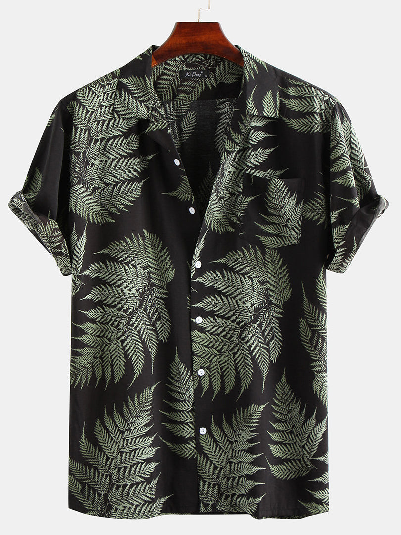 Mens 100% Cotton Leaf Printed Chest Pocket Turn Down Collar Short Sleeve Shirts