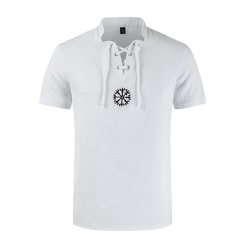 Men's casual cotton and linen V-neck tie short-sleeved shirt