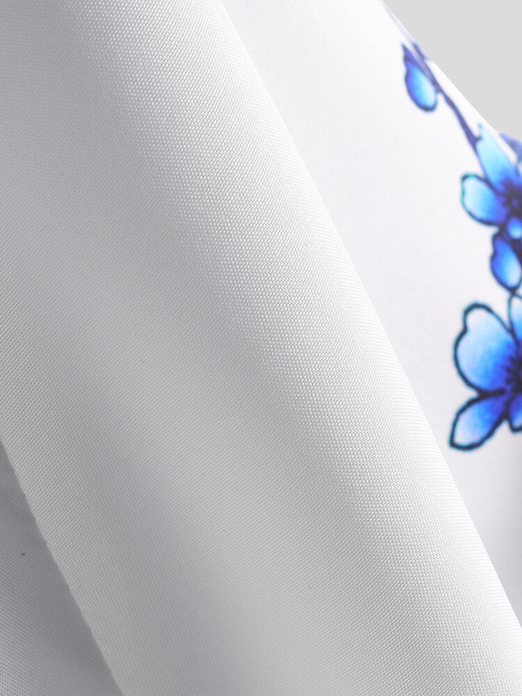 Mens Chinese Style Porcelain Floral Printed Short Sleeve Turn Down Collar Casual Shirt