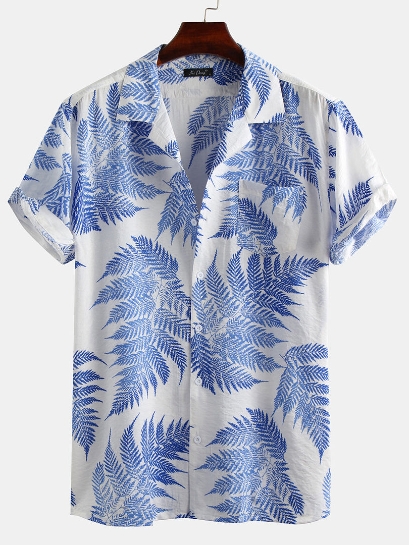 Mens 100% Cotton Leaf Printed Chest Pocket Turn Down Collar Short Sleeve Shirts
