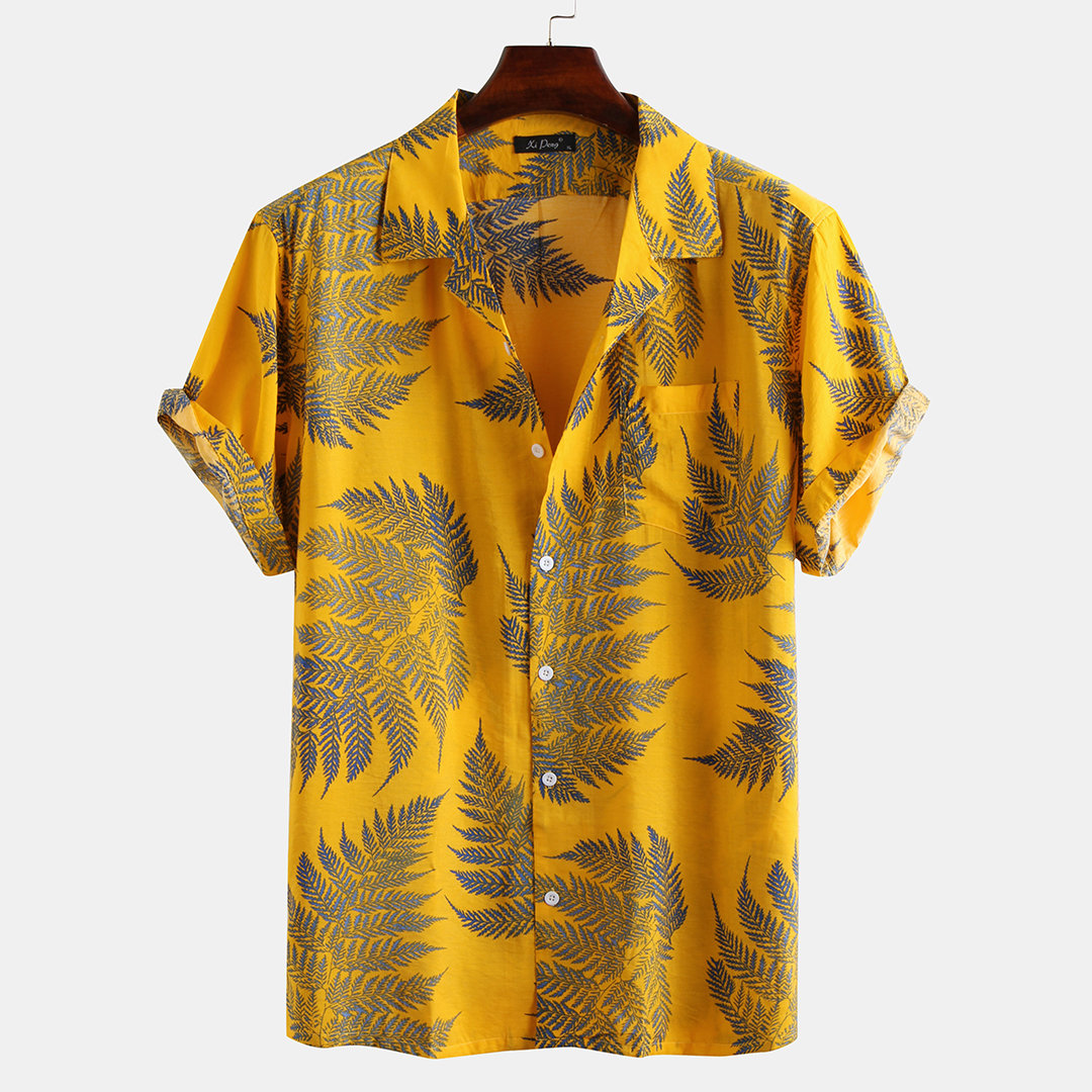 Mens 100% Cotton Leaf Printed Chest Pocket Turn Down Collar Short Sleeve Shirts