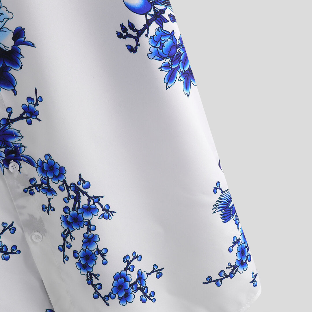 Mens Chinese Style Porcelain Floral Printed Short Sleeve Turn Down Collar Casual Shirt