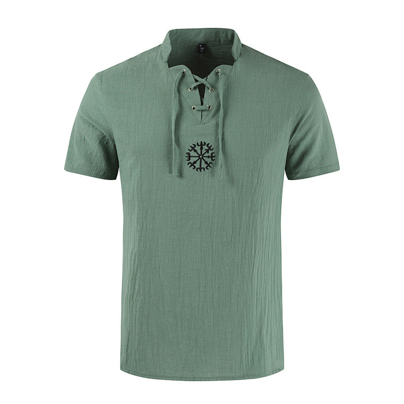 Men's casual cotton and linen V-neck tie short-sleeved shirt