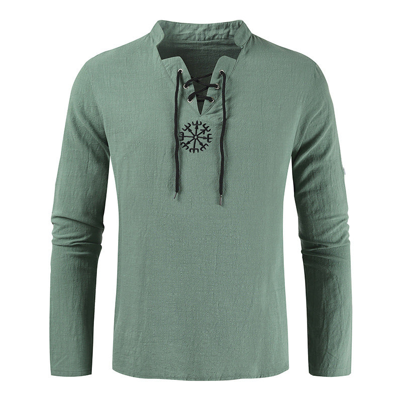 Men's casual cotton and linen V-neck tie long-sleeved shirt