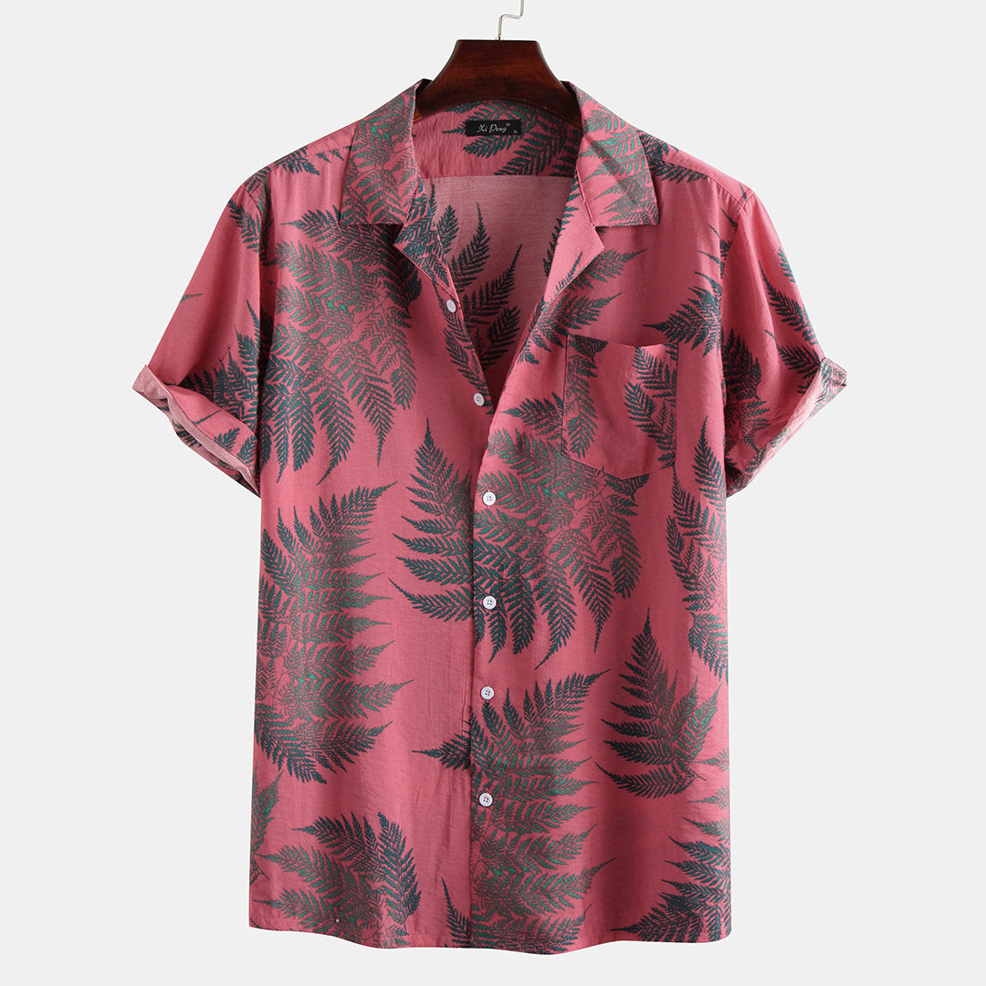 Mens 100% Cotton Leaf Printed Chest Pocket Turn Down Collar Short Sleeve Shirts