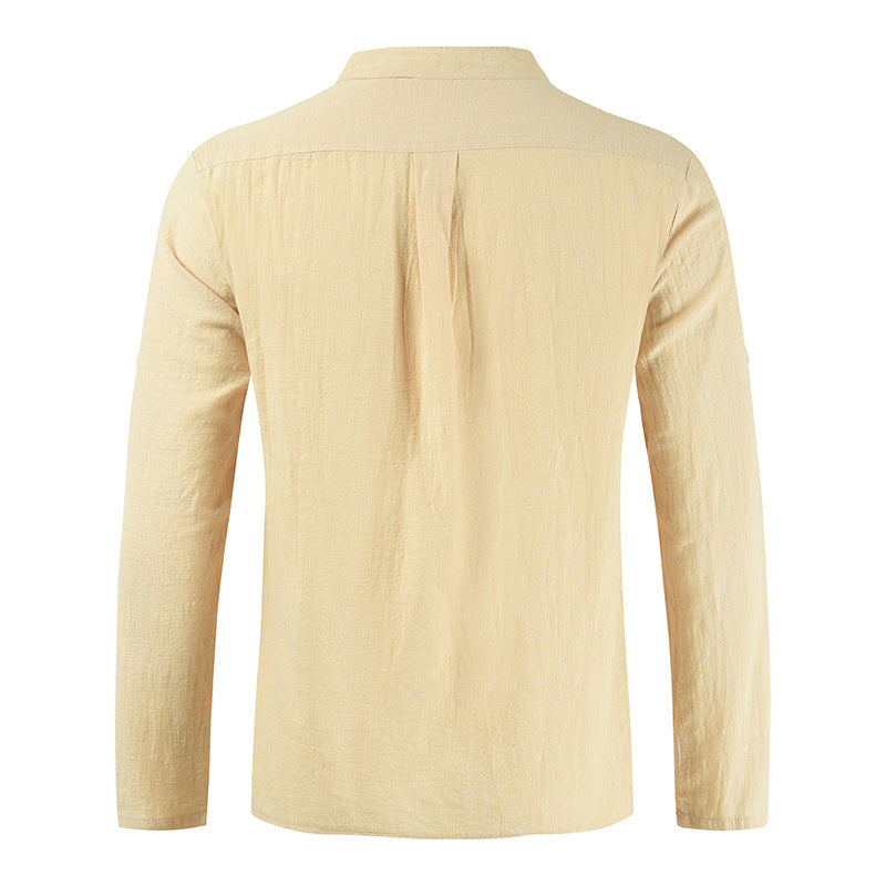 Men's casual cotton and linen V-neck tie long-sleeved shirt