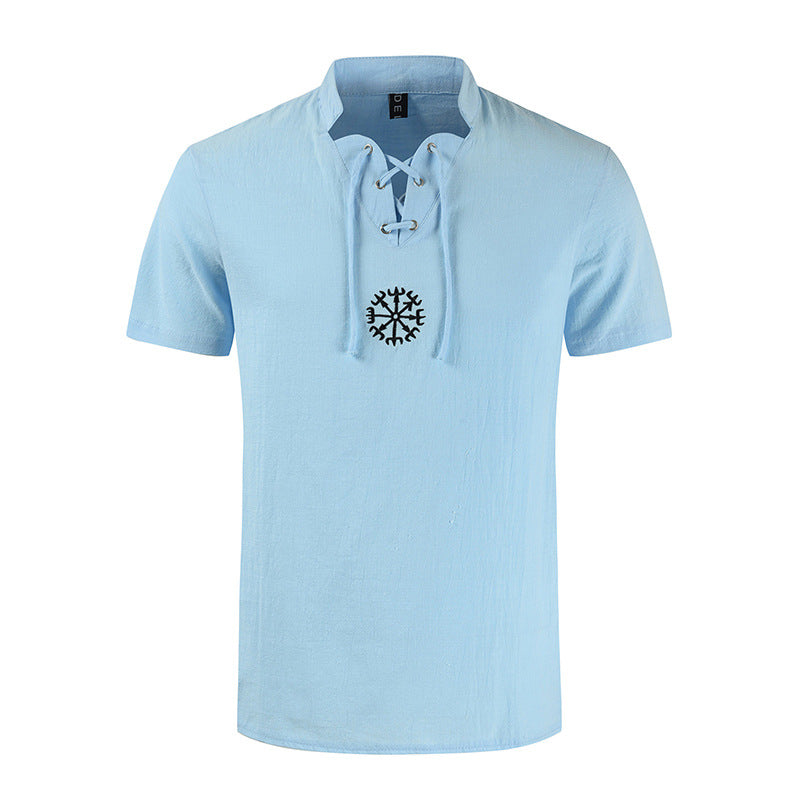 Men's casual cotton and linen V-neck tie short-sleeved shirt