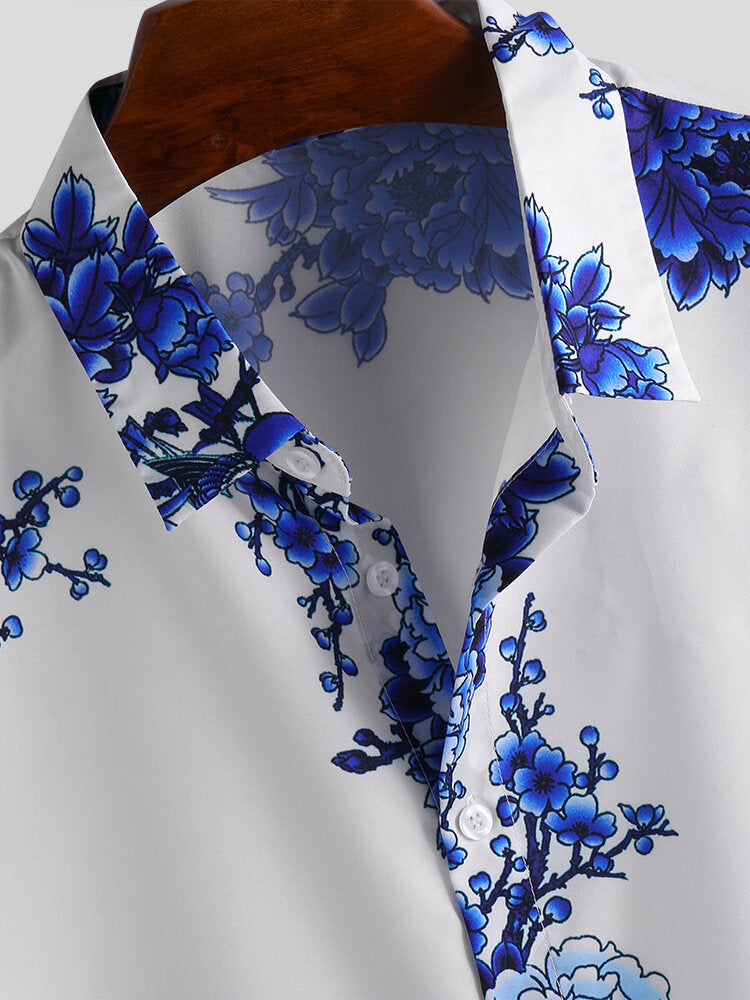 Mens Chinese Style Porcelain Floral Printed Short Sleeve Turn Down Collar Casual Shirt