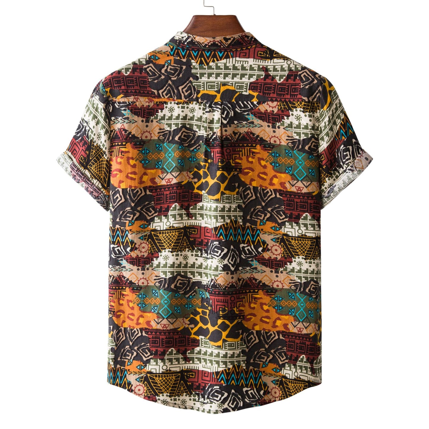 Men's casual cotton and linen printed short-sleeved shirt