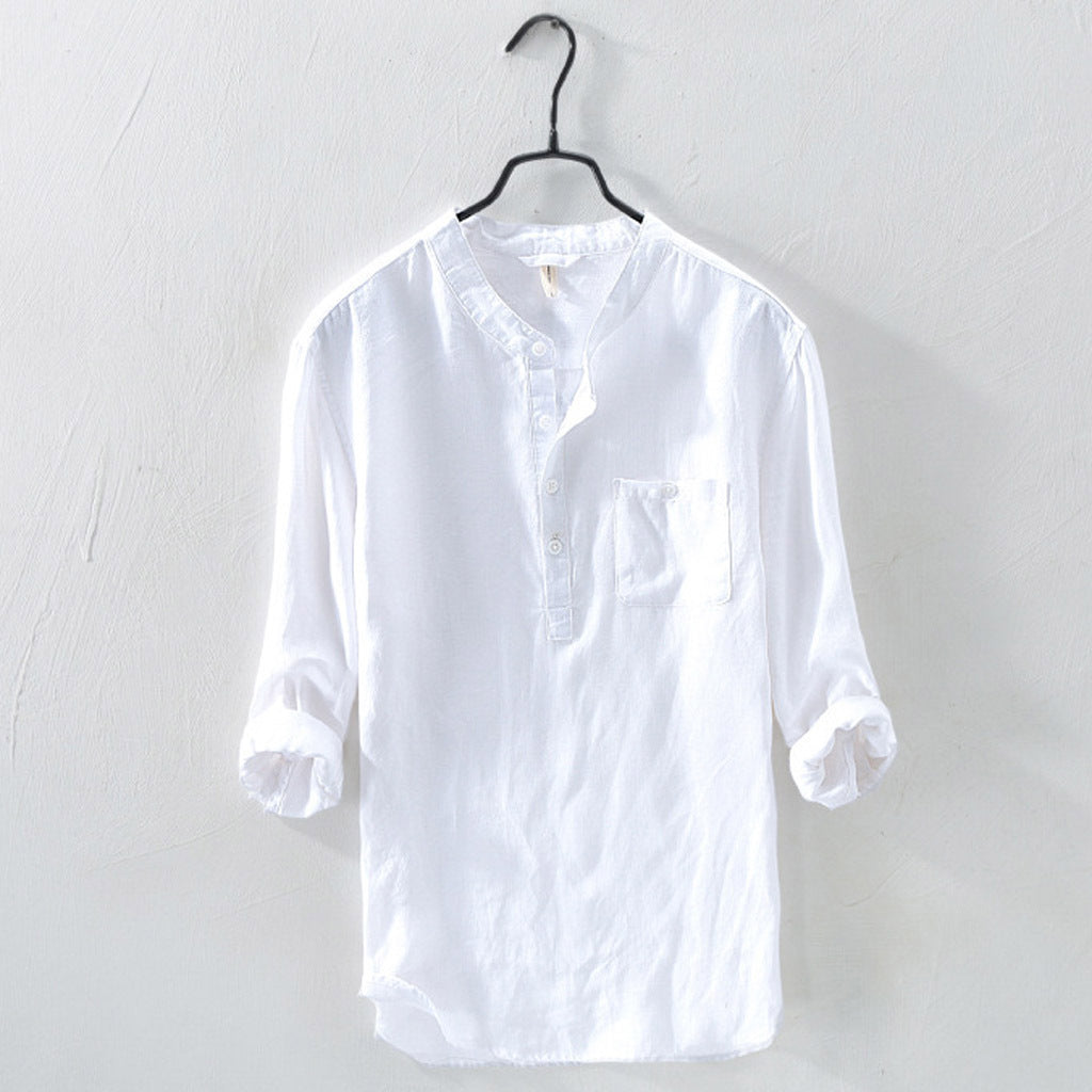 Men's casual cotton and linen round neck button down shirt