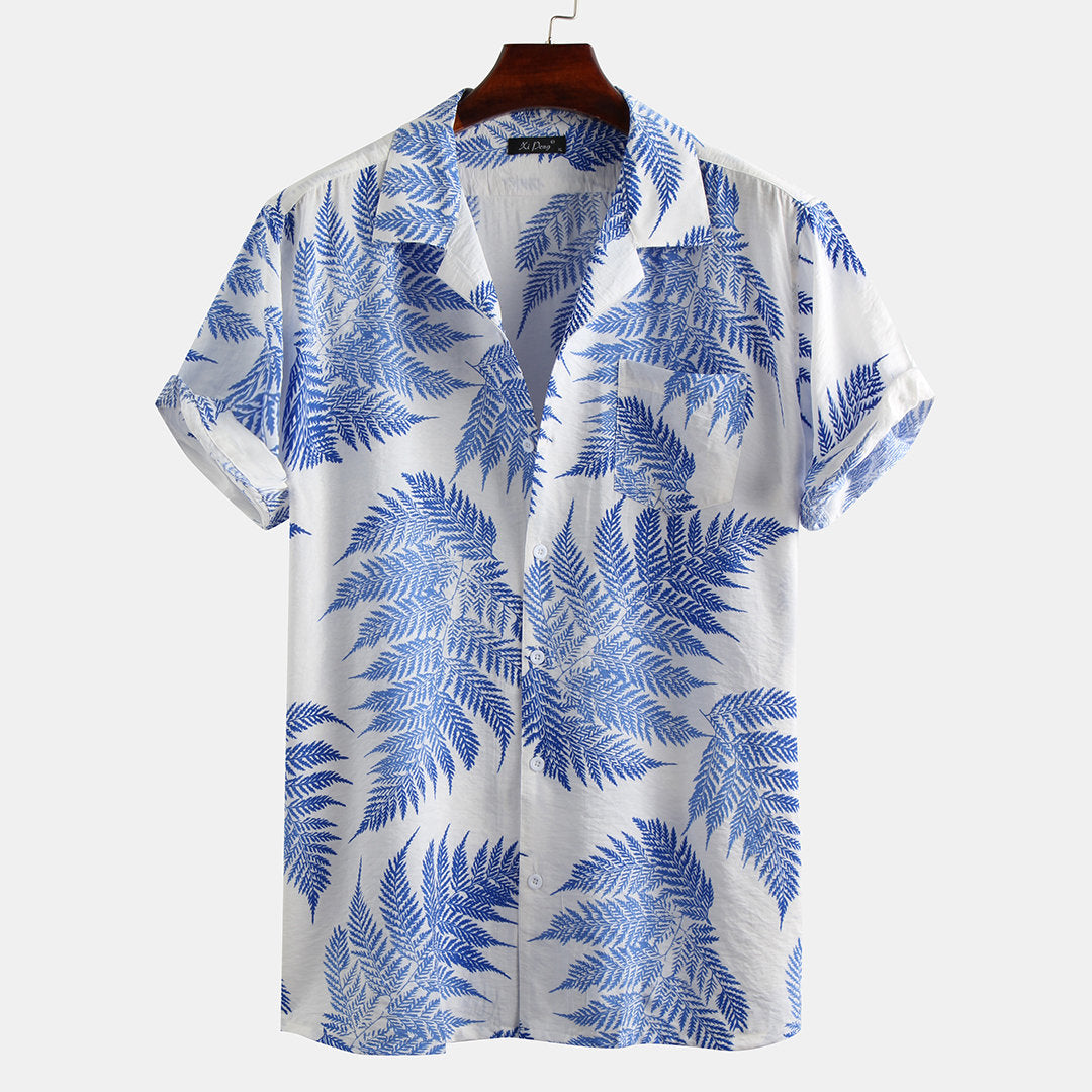 Mens 100% Cotton Leaf Printed Chest Pocket Turn Down Collar Short Sleeve Shirts