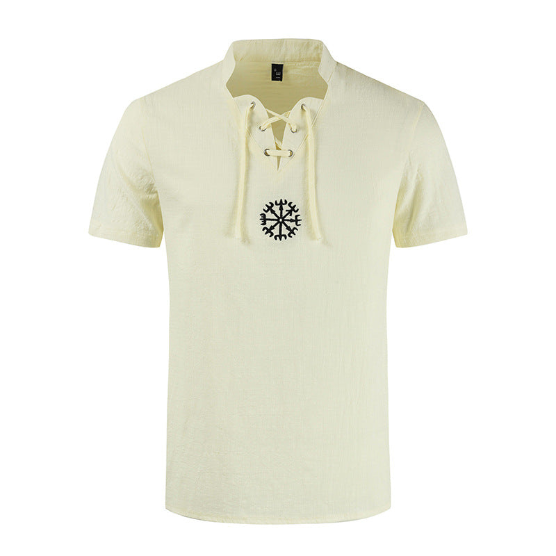 Men's casual cotton and linen V-neck tie short-sleeved shirt