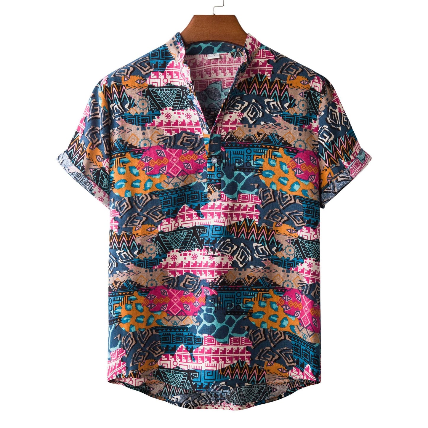 Men's casual cotton and linen printed short-sleeved shirt