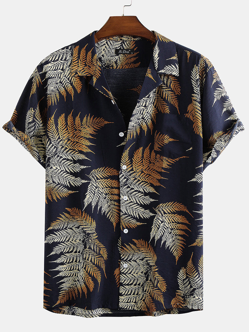 Mens 100% Cotton Leaf Printed Chest Pocket Turn Down Collar Short Sleeve Shirts