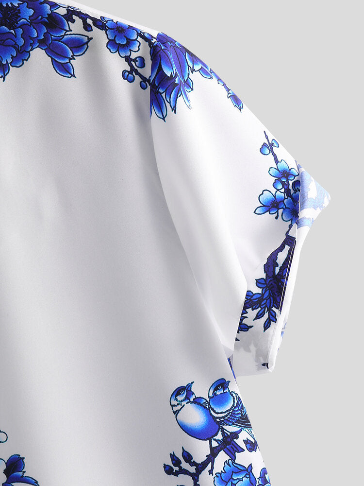 Mens Chinese Style Porcelain Floral Printed Short Sleeve Turn Down Collar Casual Shirt