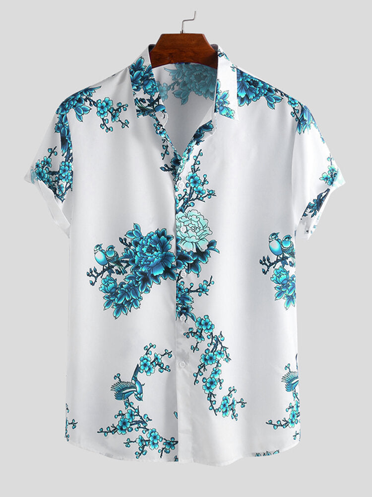 Mens Chinese Style Porcelain Floral Printed Short Sleeve Turn Down Collar Casual Shirt