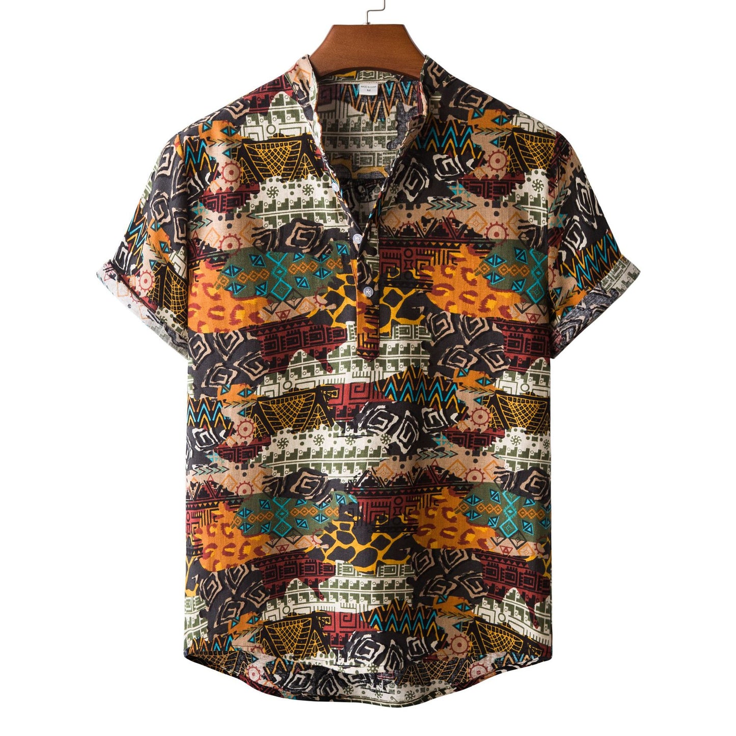 Men's casual cotton and linen printed short-sleeved shirt